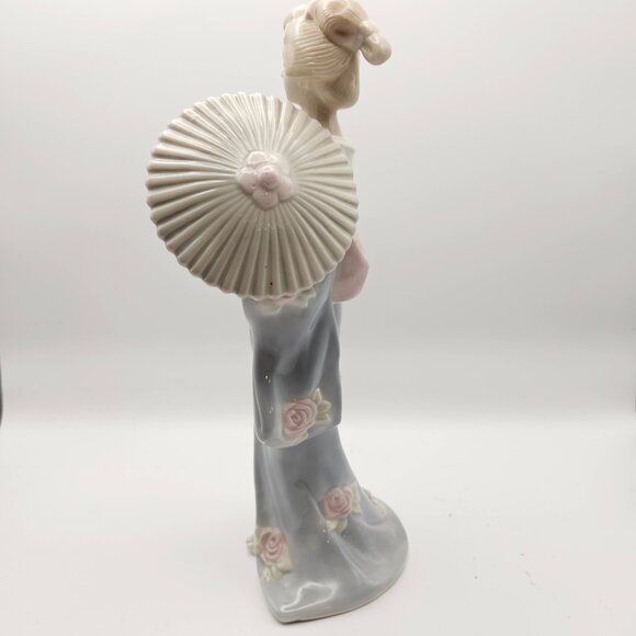Vintage Porcelain Geisha Figurine w/ Parasol – Blue Kimono, Roses - Picture 3 of 8